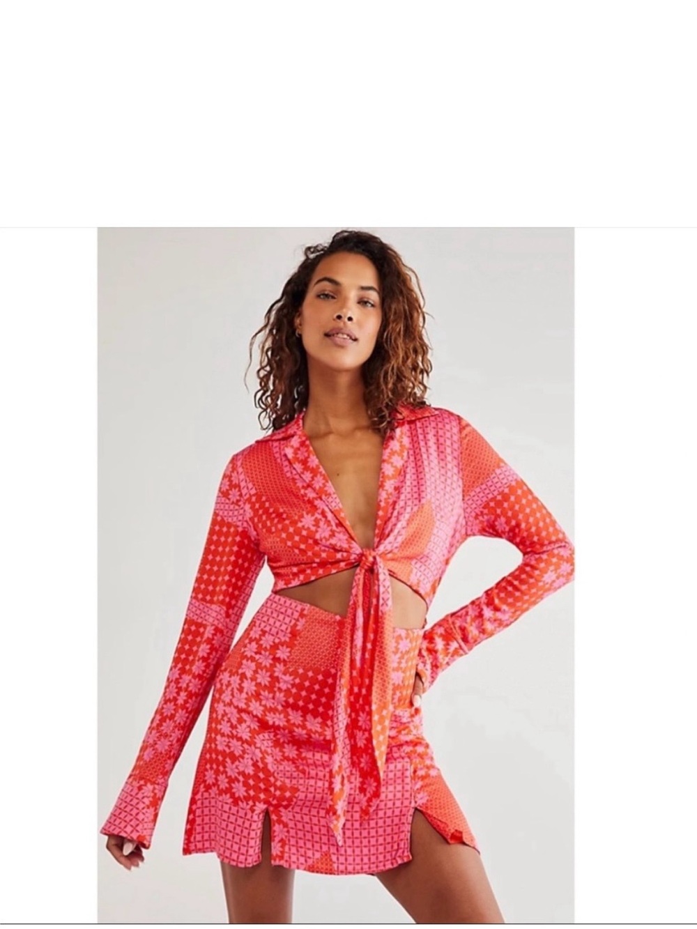 Free People Miki Mini Dress Rose Combo Pink/Orange Cutout Tie Front/Medium